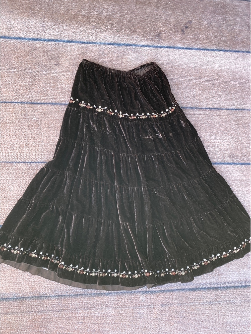Boho chic chocolate brown embroidered tiered velvet maxi skirt Ren Faire fairy M - Picture 6 of 6